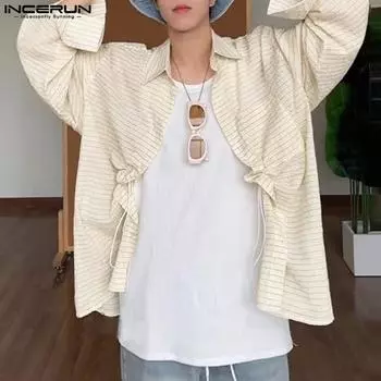 INCERUN Мужские отложной воротник с длинным рукавом, клетчатые топы, повседневные рубашки больших размеров на пуговицах S бежевый