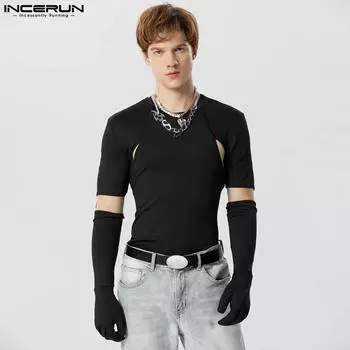 INCERUN Мужские перчатки с круглым вырезом, облегающие топы с вырезом и рукавами