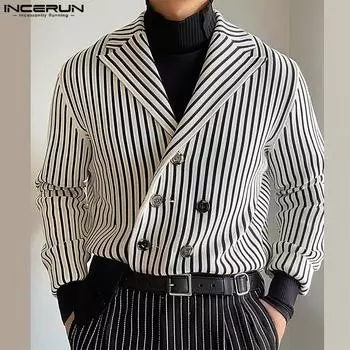 INCERUN Мужские пиджаки с зазубренными лацканами и длинными рукавами в полоску, повседневные костюмы на пуговицах 4XL чёрный