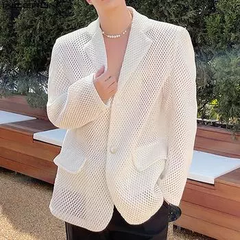 INCERUN Мужские пиджаки с зазубренными лацканами и длинным рукавом, прозрачные, повседневные, для вечеринок 5XL белый