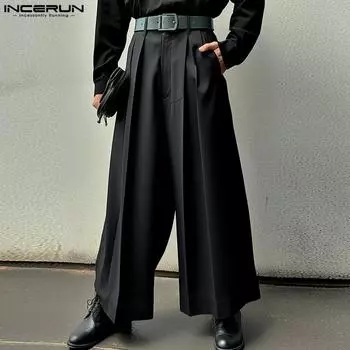 INCERUN Мужские плиссированные брюки с высокой талией, повседневные длинные широкие брюки XL чёрный