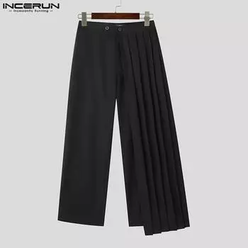 INCERUN мужские плиссированные длинные брюки с высокой талией на молнии, повседневные прямые брюки L чёрный