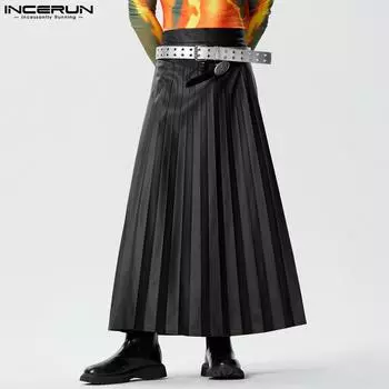INCERUN Мужские плиссированные длинные юбки на молнии с высокой талией