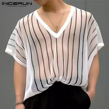INCERUN мужские пляжные футболки в полоску с v-образным вырезом и короткими рукавами
