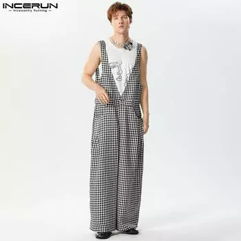 INCERUN Мужские подтяжки, клетчатые мешковатые длинные комбинезоны, комбинезоны