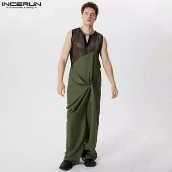 INCERUN Мужские подтяжки комбинезон комбинезон повседневный свободный ремень длинные брюки карго S чёрный