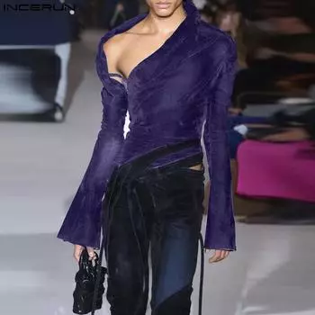 INCERUN Мужские покатые плечи Длинные рукава Бархатные облегающие топы Футболки для вечеринок 3XL чёрный