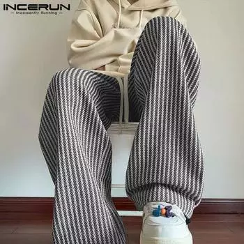 INCERUN мужские полосатые длинные прямые брюки с эластичной резинкой на талии M чёрный