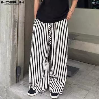INCERUN Мужские полосатые длинные широкие брюки с эластичной резинкой на талии S белый