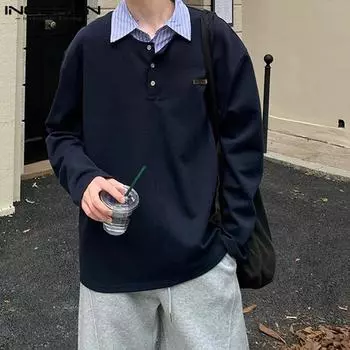 INCERUN Мужские полосатые лацканы с длинным рукавом, пэчворк, пуловеры, повседневные осенние толстовки M темно-синий