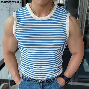 INCERUN Мужские полосатые майки без рукавов, летний повседневный жилет 2XL синий