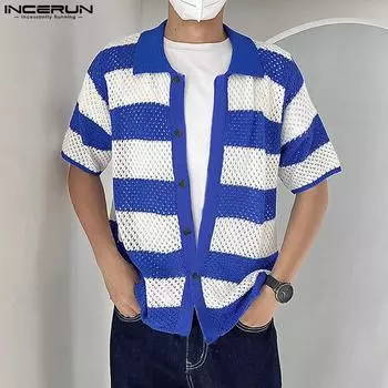 INCERUN Мужские полосатые прозрачные рубашки с пуговицами на лацканах S синий