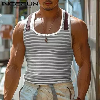 INCERUN Мужские полосатые топы без рукавов Летние повседневные тонкие майки Жилет XL жёлтый