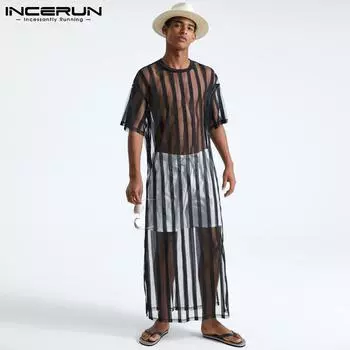 INCERUN мужские полосатые топы с коротким рукавом и круглым вырезом, сексуальные прозрачные платья, халаты, ночные рубашки, рубашки S чёрный