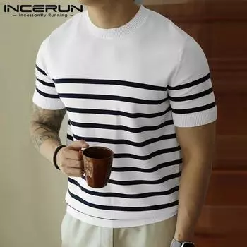 INCERUN Мужские полосатые топы с короткими рукавами, тонкие трикотажные футболки