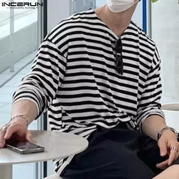 INCERUN Мужские полосатые топы с круглым вырезом и длинными рукавами
