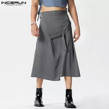 INCERUN мужские полосатые юбки трапециевидной формы с высокой талией и нерегулярными миди-юбками