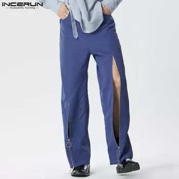 INCERUN Мужские полые длинные прямые джинсовые синие уличные брюки на молнии