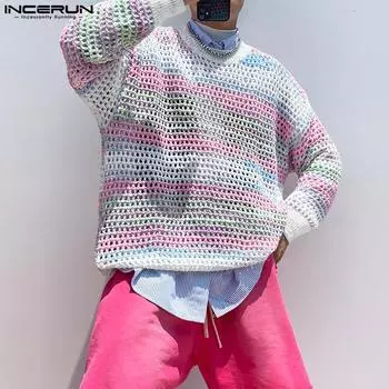 INCERUN Мужские полые повседневные топы в сеточку с длинным рукавом и круглым вырезом