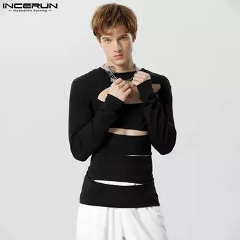 INCERUN мужские полые сексуальные топы с длинными рукавами для вечеринок 2XL чёрный