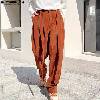 INCERUN Мужские Поясные Молнии Высокая Талия Вельветовые Длинные Брюки Повседневные Шаровары S чёрный