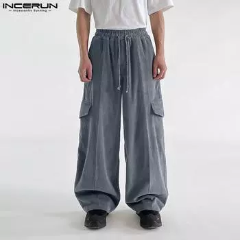 INCERUN Мужские повседневные брюки из вельвета с эластичной резинкой на талии и шнурком S чёрный