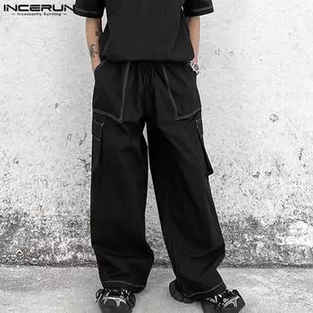 INCERUN Мужские повседневные брюки-карго с широкими штанинами и эластичной талией S чёрный