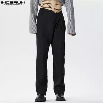 INCERUN мужские повседневные брюки на шнуровке с низкой талией