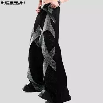 INCERUN Мужские повседневные брюки с молнией на талии спереди и крестообразным лоскутным узором, длинные брюки с блестящим подолом M чёрный