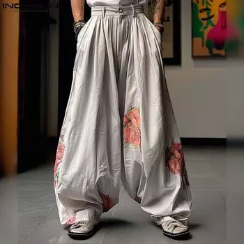 INCERUN Мужские повседневные широкие брюки с цветочным принтом на молнии со складками M бежевый