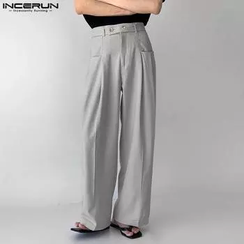 INCERUN Мужские повседневные брюки с застежкой-молнией и высокой талией, свободные карманы, длинные прямые брюки с широкими штанинами L светло-серый