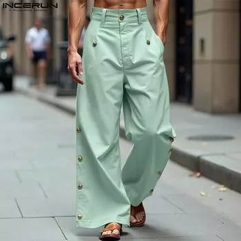 INCERUN Мужские повседневные длинные брюки-палаццо с карманами на талии и застежкой-молнией S чёрный