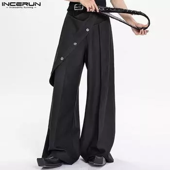 INCERUN Мужские повседневные длинные брюки с застежкой-молнией и пуговицами, широкие брюки S чёрный