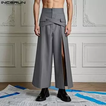 INCERUN Мужские повседневные длинные брюки с застежкой-молнией спереди и поперечными разрезами XL