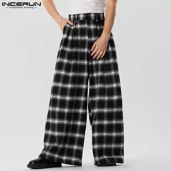 INCERUN Мужские повседневные длинные брюки в клетку с эластичной резинкой на талии
