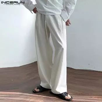 INCERUN Мужские повседневные длинные прямые брюки с застежкой-молнией и высокой талией и карманами 2XL чёрный