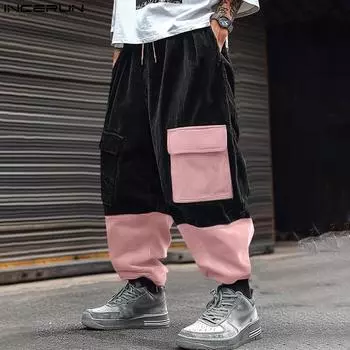 INCERUN Мужские повседневные длинные шаровары с эластичной талией и завязками из вельвета в стиле пэчворк 3XL розовый