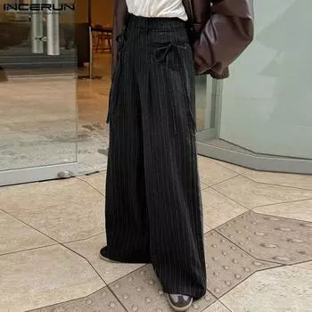 INCERUN мужские повседневные длинные широкие брюки с эластичной резинкой на спине и полосатыми карманами M чёрный