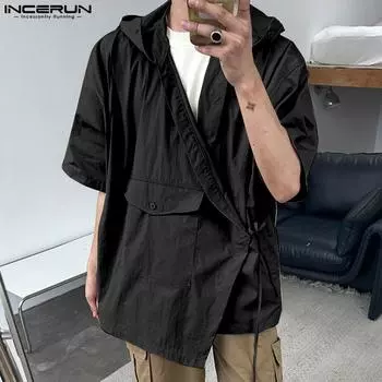 INCERUN Мужские повседневные футболки-карго с коротким рукавом и V-образным вырезом, с капюшоном и бандажом S чёрный