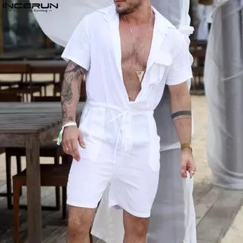 INCERUN мужские повседневные летние комбинезоны на шнуровке с короткими рукавами и лацканами