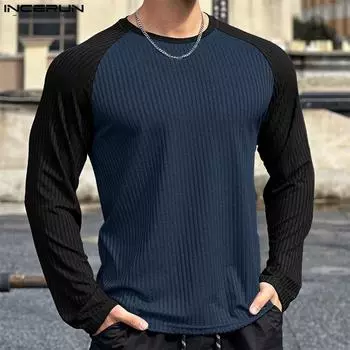 INCERUN Мужские повседневные майки с круглым вырезом и длинным рукавом в полоску XL хаки