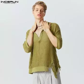 INCERUN Мужские повседневные модные топы с кисточками и короткими рукавами M бежевый