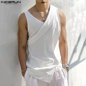 INCERUN Мужские повседневные нестандартные майки с V-образным вырезом без рукавов и перекрестными передними бретелями 2XL белый