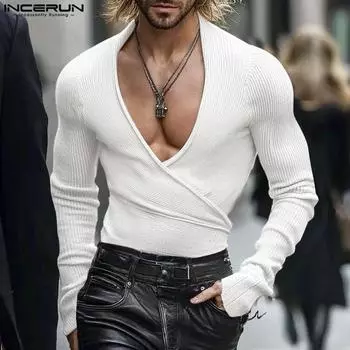 INCERUN Мужские повседневные облегающие топы с V-образным вырезом и длинным рукавом, нижние рубашки в рубчик 4XL чёрный