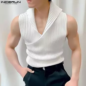 INCERUN Мужские повседневные однотонные майки без рукавов с v-образным вырезом, клубный жилет для вечеринок XL чёрный