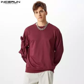 INCERUN Мужские повседневные однотонные свитера с круглым вырезом и бантом с длинным рукавом S чёрный