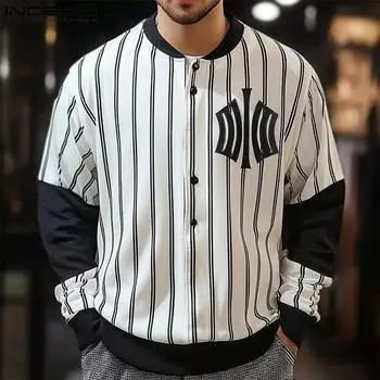 INCERUN Мужские повседневные пальто с длинным рукавом и пуговицами в полоску с принтом S красный