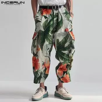 INCERUN Мужские повседневные пляжные гавайские повседневные брюки на молнии с цветочным принтом S зелёный