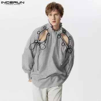 INCERUN Мужские повседневные полосатые топы с высоким воротом и рюшами, рубашки XL чёрный
