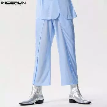 INCERUN Мужские повседневные прямые брюки из сетчатой пряжи с высокой талией спереди и крестом